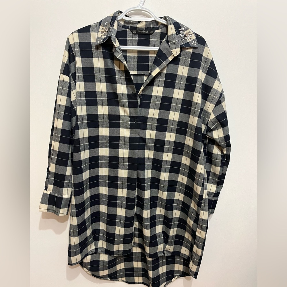 Zara Blue and white plaid bedazzled shirt, size small